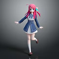 Pink Haired Anime Character in Blue White School Uniform with Running Pose 3D Render