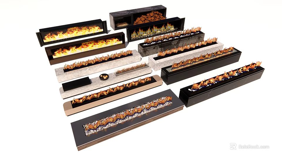 Modern Fireplaces With Various Designs And Realistic Flame Effects For Interior 3d model 