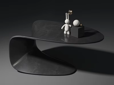 Modern Black Side Table with Curved Smooth Surface and Decorative Rabbit Figurine Gold Sphere Black Cube 3d model