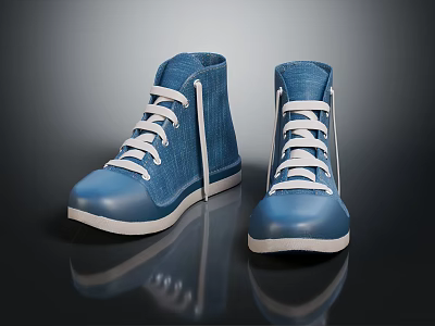 Blue Denim High Top Shoes With White Laces And White Soles Stylish Design 3d model