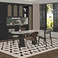 Modern Dining Room Interior With Round Table Patterned Chairs Dark Cabinets And Geometric Rug