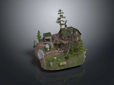 Scenic Miniature Landscape With Rustic House Pine Trees Rocks And Wooden Path 3d model