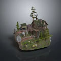 Scenic Miniature Landscape With Rustic House Pine Trees Rocks And Wooden Path