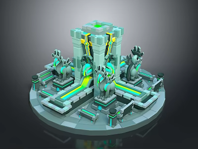 3D Fantasy Structure With Dragon Statues Geometric Tower Glowing Lines And Circular Base 3d model