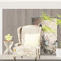 Floral Pattern Single Sofa With Geometric Throw Pillow Side Table Fruits Floor Lamp Wooden Wall Artwork