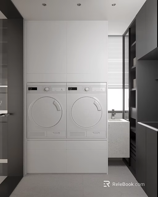 Modern Laundry Room Interior With White Washer Dryer And Cabinet Near Window 3d model 