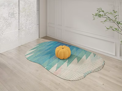 Square Carpet with Blue and White Geometric Pattern on Light Wooden Floor Featuring Yellow Pumpkin 3d model
