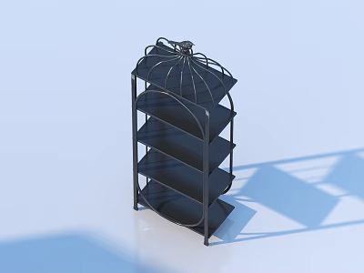 Black Metal Display Shelf With Multiple Shelves And Ornate Top Design 3d model