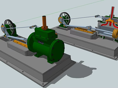 Engine Mechanical Model With Gears Levers Green Body And Metal Base Structure 3d model