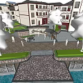 Modern Residential Area Landscape With White Buildings Trees Green Lawns And Stone Pathways