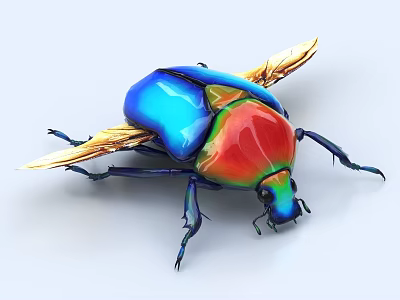Vibrant Iridescent Blue Red Decorative Beetle Ornament Set With Golden Wings 3d model