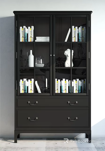 Black Modern Bookcase with Glass Doors Books Decorative Pieces and Bottom Drawers 3d model 