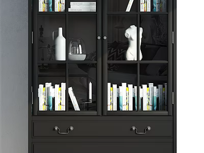 Black Modern Bookcase with Glass Doors Books Decorative Pieces and Bottom Drawers 3d model