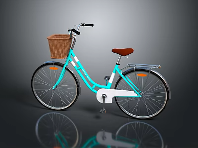 Classic Light Blue White Bicycle With Front Wicker Basket And Brown Seat 3d model