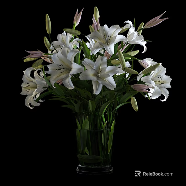 Beautiful White Blooming Lilies in Transparent Glass Vase on Black Background 3d model 