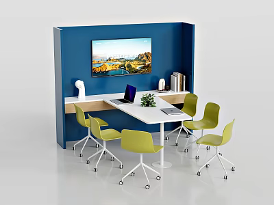 Modern Office Table Set With Green Rolling Chairs White Top Blue Wall And Landscape Painting 3d model