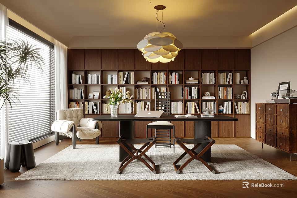 Modern Study Room Interior Design With Wooden Bookshelves Desk And Pendant Light 3d model 