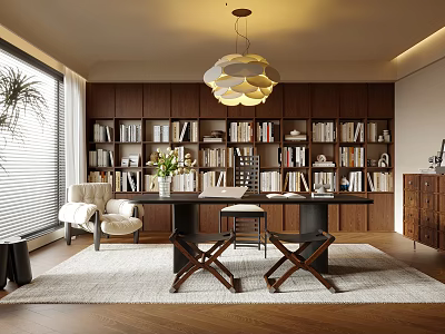 Modern Study Room Interior Design With Wooden Bookshelves Desk And Pendant Light 3d model