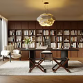 Modern Study Room Interior Design With Wooden Bookshelves Desk And Pendant Light