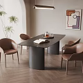Modern Dining Table Set With Brown Chairs Dark Tabletop Potted Plant Wall Artwork Wooden Floor And Lighting Fixture