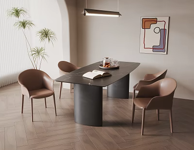 Modern Dining Table Set With Brown Chairs Dark Tabletop Potted Plant Wall Artwork Wooden Floor And Lighting Fixture 3d model