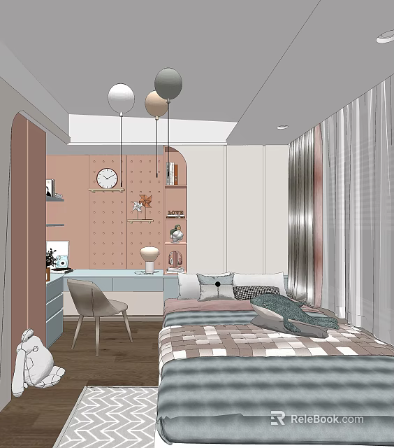 Tatami Bedroom Design With Plaid Quilt Open Shelves Desk And Pendant Lights 3d model 