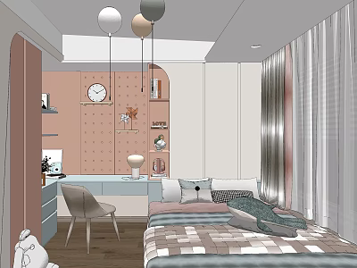 Tatami Bedroom Design With Plaid Quilt Open Shelves Desk And Pendant Lights 3d model