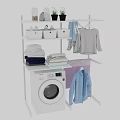Efficient Laundry Area With Storage Shelves Folded Clothes Hanging Shirts And Washing Machine