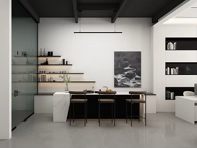Modern Tea Room Interior With Black White Design Open Counter Wall Painting Shelves And Stools 3d model