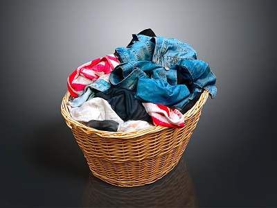 Wicker Storage Basket Filled With Colorful Clothes For Home Laundry Use 3d model
