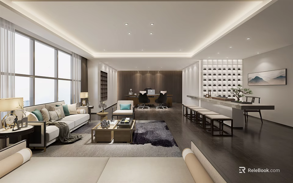 Modern Office Interior With Large Windows Sofa Area Work Desks Coffee Table And Rug 3d model