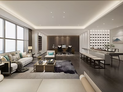 Modern Office Interior With Large Windows Sofa Area Work Desks Coffee Table And Rug 3d model