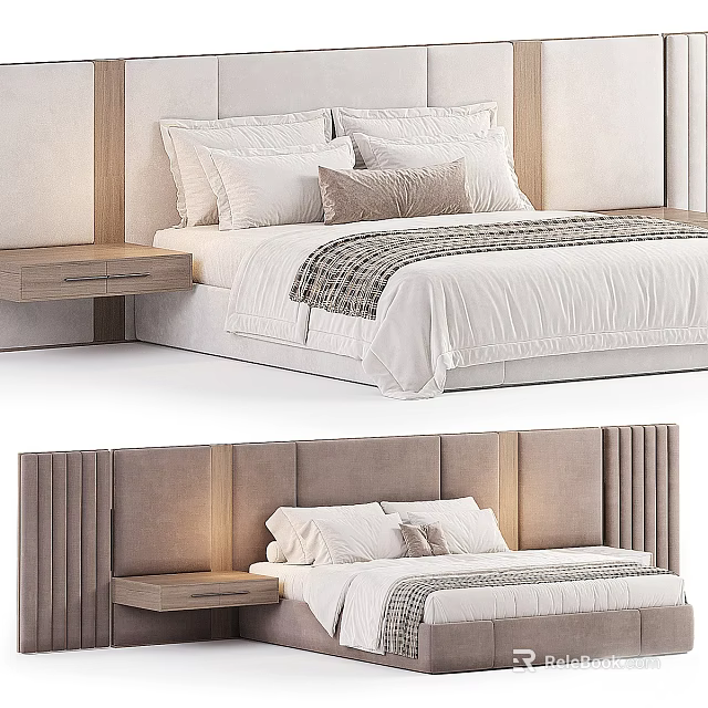 Modern Double Bed With Upholstered Headboard Decorative Pillows And Bedside Table 3d model 