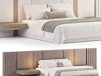 Modern Double Bed With Upholstered Headboard Decorative Pillows And Bedside Table 3d model