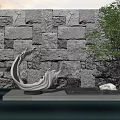 Flowing Metal Sculpture With Curved Design By Stone Wall Water And Tree