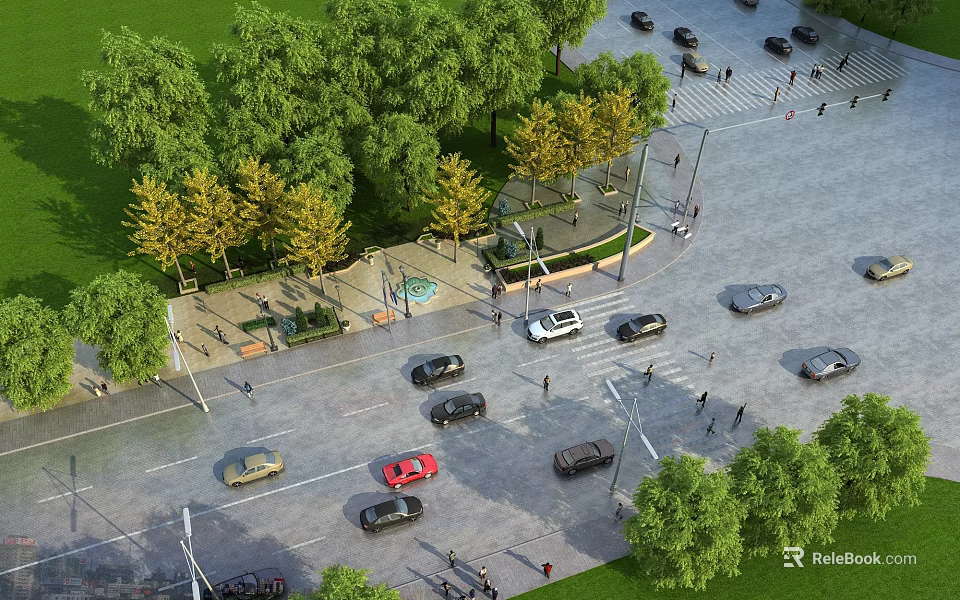 Urban Road Infrastructure With Vehicles Pedestrians Crosswalk Trees And Street Lamps 3d model 