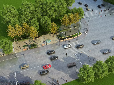 Urban Road Infrastructure With Vehicles Pedestrians Crosswalk Trees And Street Lamps 3d model