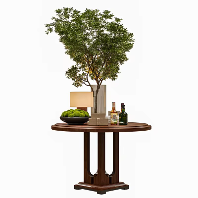 Decorative Ornament Set on Round Table with Plant Lamp Green Fruit Bowl and Wine Bottles 3d model