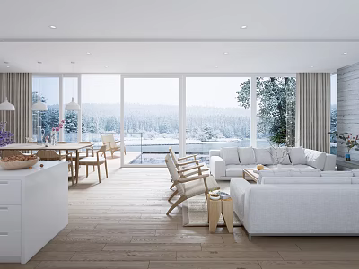 Modern Dining and Living Room Interior With Large Windows Wooden Flooring And White Sofa 3d model