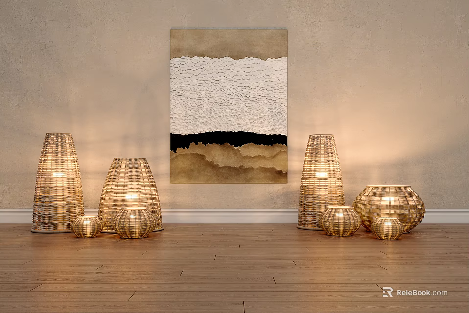 Woven Floor Lamps With Abstract Painting In Light Colored Wall Wooden Floor Interior 3d model 