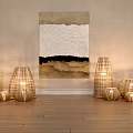 Woven Floor Lamps With Abstract Painting In Light Colored Wall Wooden Floor Interior