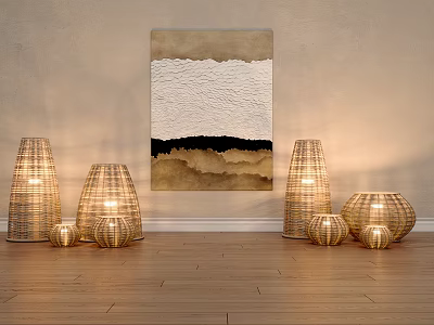 Woven Floor Lamps With Abstract Painting In Light Colored Wall Wooden Floor Interior 3d model