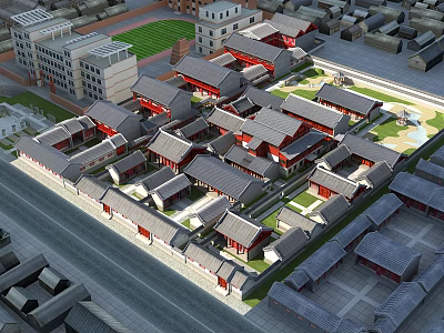 Ancient Architecture With Traditional Gray Roofs Red Walls Surrounded By Modern Buildings And Green Spaces 3d model