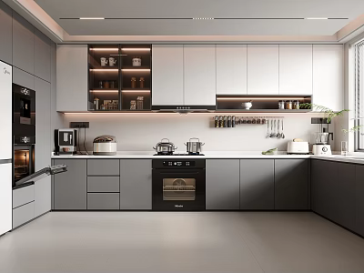 Modern Kitchen Interior With Gray White Cabinets Hanging Utensils And Appliances 3d model