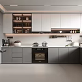 Modern Kitchen Interior With Gray White Cabinets Hanging Utensils And Appliances