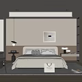 Modern Minimalist Bedroom Interior Design With Bed Nightstands Pendant Lamp Decorative Painting And Window Blinds