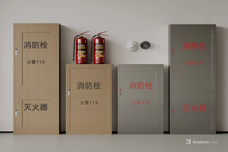 Red Fire Extinguishers And Brown Gray Fire Hydrant Cabinets With Alarm Devices 3d model 