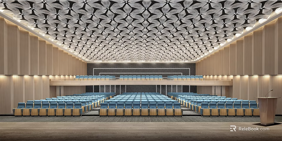 Modern Conference Room Interior Design With Geometric Ceiling Rows Of Blue Chairs And Wooden Walls 3d model 