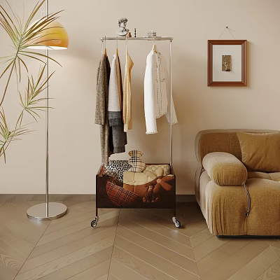 Stylish Clothing Rack With Wheels And Storage In Living Room 3d model