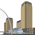 Modern Commercial Street With Tall Buildings Arch Bridge And Green Trees